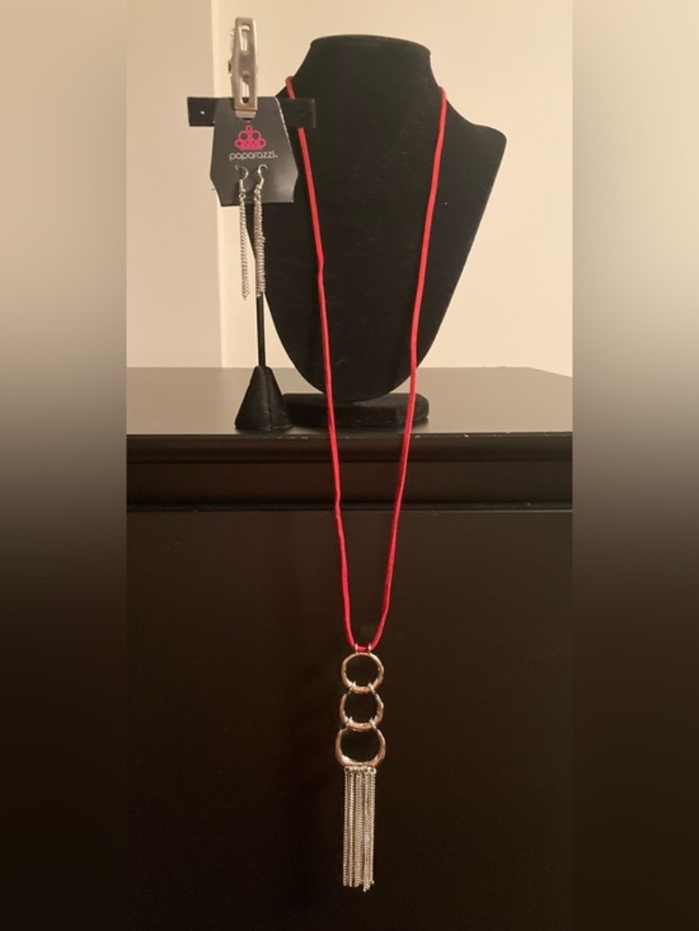 paparazzi Red Cord Necklace with Gold Rings and Silver Tassel set